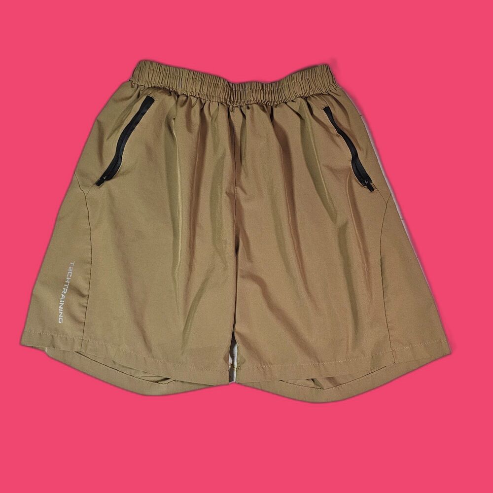 Men's Tech Training Athletic Shorts Size Large Tan Zip Pocket Performance Active